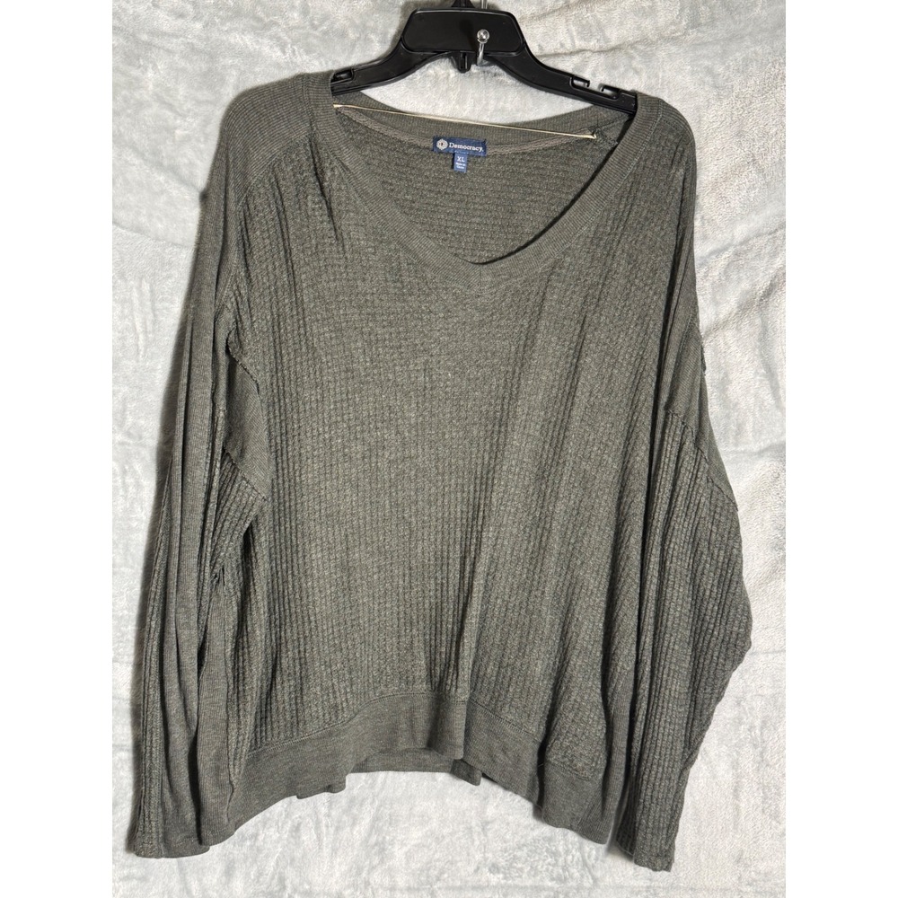 Democracy Womens XL Olive Green Waffle Knit V-Neck Long Sleeve Top B7005NU5E